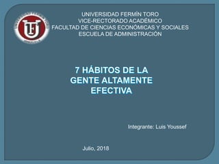 UNIVERSIDAD FERMÍN TORO
VICE-RECTORADO ACADÉMICO
FACULTAD DE CIENCIAS ECONÓMICAS Y SOCIALES
ESCUELA DE ADMINISTRACIÓN
Integrante: Luis Youssef
Julio, 2018
 