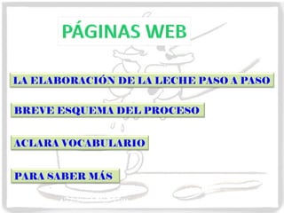 LA ELABORACIÓN DE LA LECHE PASO A PASO BREVE ESQUEMA DEL PROCESO ACLARA VOCABULARIO PARA SABER MÁS 