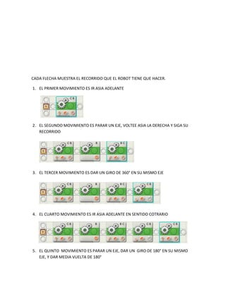 CADA FLECHA MUESTRA EL RECORRIDO QUE EL ROBOT TIENE QUE HACER.
1. EL PRIMER MOVIMIENTO ES IR ASIA ADELANTE
2. EL SEGUNDO MOVIMIENTO ES PARAR UN EJE, VOLTEE ASIA LA DERECHA Y SIGA SU
RECORRIDO
3. EL TERCER MOVIMIENTO ES DAR UN GIRO DE 360° EN SU MISMO EJE
4. EL CUARTO MOVIMIENTO ES IR ASIA ADELANTE EN SENTIDO COTRARIO
5. EL QUINTO MOVIMIENTO ES PARAR UN EJE, DAR UN GIRO DE 180° EN SU MISMO
EJE, Y DAR MEDIA VUELTA DE 180°
 