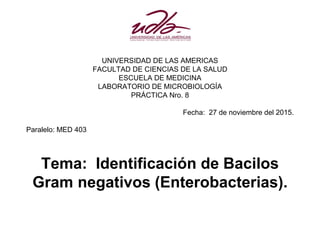 UNIVERSIDAD DE LAS AMERICAS
FACULTAD DE CIENCIAS DE LA SALUD
ESCUELA DE MEDICINA
LABORATORIO DE MICROBIOLOGÍA
PRÁCTICA Nro. 8
Fecha: 27 de noviembre del 2015.
Paralelo: MED 403
Tema: Identificación de Bacilos
Gram negativos (Enterobacterias).
 