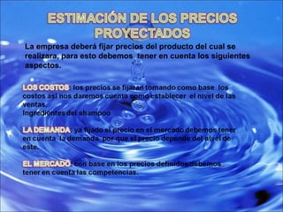 La empresa deberá fijar precios del producto del cual se realizara, para esto debemos  tener en cuenta los siguientes aspectos. 