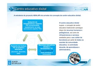 Centro educativo dixital

A estratexia do proxecto ABALAR xira arredor do concepto de centro educativo dixital.



                                                         O centro educativo dixital
                                                         supera o concepto de centro
                                                         educativo tradicional e persegue
                                                         dispor de recursos humanos e
                                                         pedagóxicos, así como de
                                                         infraestruturas e servizos
                                                         axeitados para o uso cotián da
                                                         tecnoloxía por parte de todos os
                                                         axentes da comunidade
                                                         educativa, na actividade
                                                         docente, de aprendizaxe e
                                                         administrativa.




                                                                                            5
                                                                                            5
 