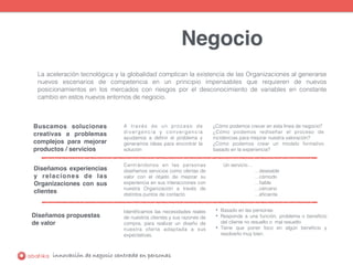 innovación de negocio centrada en personas
Negocio
La aceleración tecnológica y la globalidad complican la existencia de las Organizaciones al generarse
nuevos escenarios de competencia en un principio impensables que requieren de nuevos
posicionamientos en los mercados con riesgos por el desconocimiento de variables en constante
cambio en estos nuevos entornos de negocio.
Buscamos soluciones
creativas a problemas
complejos para mejorar
productos / servicios
Diseñamos experiencias
y relaciones de las
Organizaciones con sus
clientes
Diseñamos propuestas
de valor
A través de un proceso de
divergencia y convergencia
ayudamos a deﬁnir el problema y
generamos ideas para encontrar la
solución
¿Cómo podemos crecer en esta línea de negocio?
¿Cómo podemos rediseñar el proceso de
incidencias para mejorar nuestra valoración?
¿Cómo podemos crear un modelo formativo
basado en la experiencia?
Centrándonos en las personas
diseñamos servicios como ofertas de
valor con el objeto de mejorar su
experiencia en sus interacciones con
nuestra Organización a través de
distintos puntos de contacto
Un servicio…
…deseable
…cómodo
…ﬁable
…cercano
…eﬁciente
Identiﬁcamos las necesidades reales
de nuestros clientes y sus razones de
compra, para realizar un diseño de
nuestra oferta adaptada a sus
expectativas.
• Basado en las personas
• Responde a una función, problema o beneﬁcio
del cliente no resuelto o mal resuelto
• Tiene que poner foco en algún beneﬁcio y
resolverlo muy bien.
 