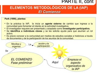 ELEMENTOS METODOLÓGICOS DE LA (IAP)
El ComienzoEl Comienzo
PARTE II, contPARTE II, cont
Park (1990), plantea:

En la práctica la IAP, la inicia un agente externo de cambio que ingresa a la
comunidad para fomentar el interés en la actividad investigativa.

El investigador requiere ser presentado y aceptado como investigador participativo.

Se identifica a individuos claves y se les solicita ayuda para que asuman un rol
activo.

Es precio conocer a la comunidad por medios de estudios sociales e históricos a través
de documentos y de la participación de los asuntos de la comunidad.
EL COMIENZO
Fase preliminar
Empieza el
aspecto
organizativo de
la IAP
Moviliza y
organiza
Se
Aquí
acción y la
participación
La
 
