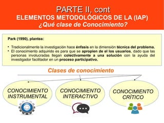 CONOCIMIENTO
CRÍTICO
PARTE II, contPARTE II, cont
ELEMENTOS METODOLÓGICOS DE LA (IAP)
¿Qué clase de Conocimiento?
Park (1990), plantea:

Tradicionalmente la investigación hace énfasis en la dimensión técnica del problema.

El conocimiento adquirido es para que se apropien de el los usuarios, dado que las
personas involucradas llegan colectivamente a una solución con la ayuda del
investigador facilitador en un proceso participativo.
CONOCIMIENTO
INSTRUMENTAL
CONOCIMIENTO
INTERACTIVO
Clases de conocimiento
 