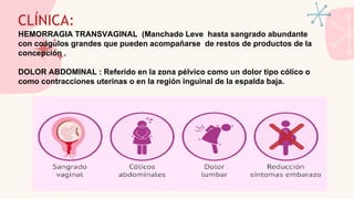 CLÍNICA:
HEMORRAGIA TRANSVAGINAL (Manchado Leve hasta sangrado abundante
con coágulos grandes que pueden acompañarse de restos de productos de la
concepción .
DOLOR ABDOMINAL : Referido en la zona pélvico como un dolor tipo cólico o
como contracciones uterinas o en la región inguinal de la espalda baja.
 