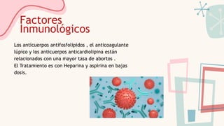 Los anticuerpos antifosfolipidos , el anticoagulante
lúpico y los anticuerpos anticardiolipina están
relacionados con una mayor tasa de abortos .
El Tratamiento es con Heparina y aspirina en bajas
dosis.
Factores
Inmunológicos
 