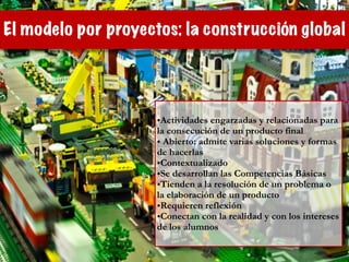 El modelo por proyectos: la construcción global
•Actividades engarzadas y relacionadas para
la consecución de un producto final
• Abierto: admite varias soluciones y formas
de hacerlas
•Contextualizado
•Se desarrollan las Competencias Básicas
•Tienden a la resolución de un problema o
la elaboración de un producto
•Requieren reflexión
•Conectan con la realidad y con los intereses
de los alumnos
 
