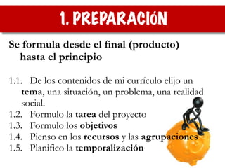 1. PREPARACIÓN
Se formula desde el final (producto)
hasta el principio
!
1.1. De los contenidos de mi currículo elijo un
tema, una situación, un problema, una realidad
social.
1.2. Formulo la tarea del proyecto
1.3. Formulo los objetivos
1.4. Pienso en los recursos y las agrupaciones
1.5. Planifico la temporalización
 