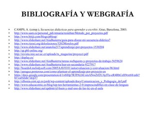BIBLIOGRAFÍA Y WEBGRAFÍA
• CAMPS, A. (comp.), Secuencias didácticas para aprender a escribir, Grao, Barcelona, 2003.
• http://www.uam.es/personal_pdi/stmaria/resteban/Metodo_por_proyectos.pdf
• http://www.bitiji.com/blogs/pblesp/
• http://www.slideshare.net/AnaBasterra/guia-para-disear-mi-secuencia-didctica7
• http://www.rieoei.org/deloslectores/3202Morelos.pdf
• http://www.slideshare.net/anatolia217/aprendizaje-por-proyectos-1530204
• http://sp.pbl-online.org/
• http://revista.inie.ucr.ac.cr/uploads/tx_magazine/proyecct.pdf
• http://doplay.es/
• http://www.slideshare.net/AnaBasterra/tareas-webquests-y-proyectos-de-trabajo-5659624
• http://www.slideshare.net/AnaBasterra/leer-en-secundaria-9227917
• http://boards4.melodysoft.com/2005AAV0101/autoevaluacion-y-coevaluacion-96.html
• http://aaraguz.posterous.com/como-plantear-el-aprendizaje-por-proyecto-en
• https://docs.google.com/presentation/d/1xblHp7R3PALbComANwZtf2UAyfTu-eR4RbCeH9rxt68/edit?
hl=ca#slide=id.p37
• http://elbonia.cent.uji.es/jordi/wp-content/uploads/docs/Comunicacion_y_Pedagogia_def.pdf
• http://www.educacontic.es/blog/top-ten-herramientas-2-0-imprescindibles-en-clase-de-lenguas
• http://www.slideshare.net/epdrntr/el-buen-y-mal-uso-de-las-tic-en-el-aula
 