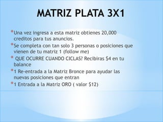MATRIZ PLATA 3X1
*Una vez ingresa a esta matriz obtienes 20,000
creditos para tus anuncios.
*Se completa con tan solo 3 personas o posiciones que
vienen de tu matriz 1 (follow me)
* QUE OCURRE CUANDO CICLAS? Recibiras $4 en tu
balance
*1 Re-entrada a la Matriz Bronce para ayudar las
nuevas posiciones que entran
*1 Entrada a la Matriz ORO ( valor $12)
 