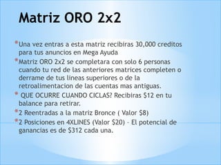 Matriz ORO 2x2
*Una vez entras a esta matriz recibiras 30,000 creditos
para tus anuncios en Mega Ayuda
*Matriz ORO 2x2 se completara con solo 6 personas
cuando tu red de las anteriores matrices completen o
derrame de tus lineas superiores o de la
retroalimentacion de las cuentas mas antiguas.
* QUE OCURRE CUANDO CICLAS? Recibiras $12 en tu
balance para retirar.
*2 Reentradas a la matriz Bronce ( Valor $8)
*2 Posiciones en 4XLINES (Valor $20) – El potencial de
ganancias es de $312 cada una.
 