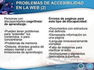 PROBLEMAS DE ACCESIBILIDAD EN LA WEB (2) Personas con discapacidades  cognitivas /  de aprendizaje: Pueden tener problemas para “entender” los contenidos  o para concentrarse Problemas de memoria Dislexia, diversos grados de retraso mental o con limitaciones de aprendizaje). Errores de paginas para este tipo de discapacidad: Documentos con estructura mal definida Demasiada información en una página Lenguaje innecesariamente complejo Falta de imágenes para clarificar el texto Animaciones  y elementos decorativos  superfluos 