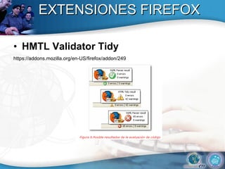 EXTENSIONES FIREFOX HMTL Validator Tidy  https://addons.mozilla.org/en-US/firefox/addon/249  