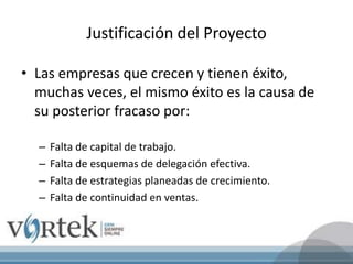 Justificación del Proyecto
• Las empresas que crecen y tienen éxito,
muchas veces, el mismo éxito es la causa de
su posterior fracaso por:
– Falta de capital de trabajo.
– Falta de esquemas de delegación efectiva.
– Falta de estrategias planeadas de crecimiento.
– Falta de continuidad en ventas.
 
