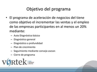 Objetivo del programa
• El programa de aceleración de negocios del tiene
como objetivo el incrementar las ventas y el empleo
de las empresas participantes en al menos un 20%
mediante:
– Auto Diagnóstico básico
– Diagnóstico general
– Diagnóstico a profundidad
– Plan de crecimiento
– Seguimiento mediante consejo asesor.
– Cierre de programa
 