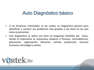 Auto Diagnóstico básico
• A las Empresas interesadas se les realiza un diagnóstico general para
identificar y conocer sus problemas más grandes y las áreas en los que
estos se presentan.
• Este diagnóstico se aplica con base en preguntas divididas por áreas,
donde el empresario se autoevalua respecto a finanzas, mercadotecnia,
planeación, organización, dirección, control, producción, recursos
humanos, tecnología y ventas.
 