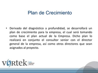 Plan de Crecimiento
• Derivado del diagnóstico a profundidad, se desarrollará un
plan de crecimiento para la empresa, el cual será tomando
como base el plan actual de la Empresa. Dicho plan lo
realizará en conjunto el consultor senior con el director
general de la empresa, así como otros directores que sean
asignados al proyecto.
 
