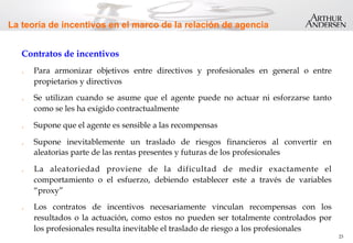 23
La teoría de incentivos en el marco de la relación de agencia
Contratos de incentivos
.  Para armonizar objetivos entre directivos y profesionales en general o entre
propietarios y directivos
.  Se utilizan cuando se asume que el agente puede no actuar ni esforzarse tanto
como se les ha exigido contractualmente
.  Supone que el agente es sensible a las recompensas
.  Supone inevitablemente un traslado de riesgos financieros al convertir en
aleatorias parte de las rentas presentes y futuras de los profesionales
.  La aleatoriedad proviene de la dificultad de medir exactamente el
comportamiento o el esfuerzo, debiendo establecer este a través de variables
“proxy”
.  Los contratos de incentivos necesariamente vinculan recompensas con los
resultados o la actuación, como estos no pueden ser totalmente controlados por
los profesionales resulta inevitable el traslado de riesgo a los profesionales
 