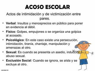 ACOSO ESCOLAR
Actos de intimidación y de victimización entre
pares.
• Verbal: Insultos y menosprecios en público para poner
en evidencia al débil.
• Físico: Golpes, empujones o se organiza una golpiza
al acosado.
• Psicológico: En este caso existe una persecución,
intimidación, tiranía, chantaje, manipulación y
amenazas al otro.
• Sexual: Es cuando se presenta un asedio, inducción o
abuso sexual.
• Exclusión Social: Cuando se ignora, se aísla y se
excluye al otro.
 