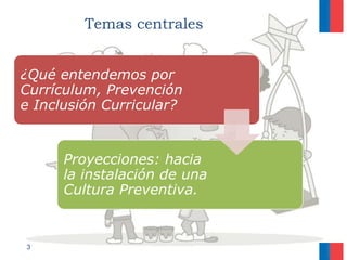 Temas centrales
3
¿Qué entendemos por
Currículum, Prevención
e Inclusión Curricular?
Proyecciones: hacia
la instalación de una
Cultura Preventiva.
 