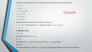 ¿Cuáles son los valores de A, B y C después de la ejecución de las siguientes operaciones?
• A ← 3
• B ← 4
• C ← A + 2 * B
• C ← C + B
• B ← C - A
• A ← B * C
En las dos primeras acciones A y B toman los valores 3 y 4.
• C ← A + 2 * B la expresión A + 2 * B tomará el valor 3 + 2 * 4 = 3 + 8 = 11
• C ← 11
La siguiente acción
C ← C + B
producirá un valor de 11 + 4 = 15
C ← 15
En la acción B ← C – A se obtiene para B el valor 15 – 3 = 12 y por último:
A ← B * C
A tomará el valor B * C, es decir, 12 * 15 = 180; por consiguiente, el último valor que toma A será 180.
Ejemplo
 