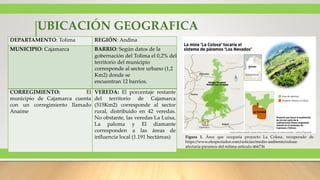 UBICACIÓN GEOGRAFICA
DEPARTAMENTO: Tolima REGIÓN: Andina
MUNICIPIO: Cajamarca BARRIO: Según datos de la
gobernación del Tolima el 0,2% del
territorio del municipio
corresponde al sector urbano (1,2
Km2) donde se
encuentran 12 barrios.
CORREGIMIENTO: El
municipio de Cajamarca cuenta
con un corregimiento llamado
Anaime
VEREDA: El porcentaje restante
del territorio de Cajamarca
(515Km2) corresponde al sector
rural, distribuido en 42 veredas.
No obstante, las veredas La Luisa,
La paloma y El diamante
corresponden a las áreas de
influencia local (1.191 hectáreas) Figura 1. Área que ocuparía proyecto La Colosa, recuperado de
https://www.elespectador.com/noticias/medio-ambiente/colosa-
afectaria-paramos-del-tolima-articulo-466736
 