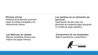 Eficacia clínica 
Gestores de la atención encontrar 
carga de trabajo manejable y las 
interacciones valiosa 
Los cambios en la utilización de 
servicios 
Optimización de alto costo, los 
pacientes de márgenes bajos apoyando 
un modelo de pago capitativo 
Las Métricas de calidad 
Mejores resultados clínicos para 
mejorar los pagos métricas 
Compromiso de los empleados 
Bajo el ausentismo y presentismo 
 