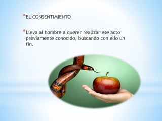 *EL CONSENTIMIENTO
*Lleva al hombre a querer realizar ese acto
previamente conocido, buscando con ello un
fin.
 