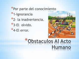 *
*Por parte del conocimiento
*1-Ignorancia
*2- la inadvertencia.
*3-El olvido.
*4-El error.
 