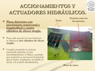 ACCIONAMIENTOS Y
      ACTUADORES HIDRÁULICOS.
                                                           Posición entre los
                                             Guías           dos pistones.
   Placa detectora con
    movimiento transversal y
    longitudinal y cuatro
    cilindros de efecto simple.

   Para cada uno de los movimientos
    se disponen dos cilindros de efecto
    simple.

   Cuando un pistón se acciona
    ejerciendo presión, el otro
    automáticamente se libera y permite
    que el pistón se recoja por la presión
    que le ejerce el primero, enviando el
    aceite a la central oleodinámica.
                                                     Placa de cierre.
 