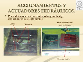 ACCIONAMIENTOS Y
    ACTUADORES HIDRÁULICOS.
   Placa detectora con movimiento longitudinal y
    dos cilindros de efecto simple.
                                            Posición entre los
     Guías       Cilindros                    dos pistones.




                                            Placa de cierre.
 