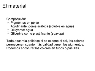 El material

 Composición:
 • Pigmentos en polvo
 • Aglutinante: goma arábiga (soluble en agua)
 • Diluyente: agua
 • Glicerina como plastificante (suaviza)

 Toda acuarela palidece si se expone al sol, los colores
 permacenen cuanto más calidad tienen los pigmentos. 
 Podemos encontrar los colores en tubos o pastillas.
 