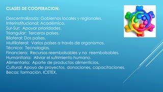 CLASES DE COOPERACION:
Descentralizada: Gobiernos locales y regionales.
Interinstitucional: Académico.
Sur-Sur: Apoyar prioridades.
Triangular: Terceros países.
Bilateral: Dos países.
Multilateral: Varios países a través de organismos.
Técnica: Tecnologías.
Financiera: Recursos reembolsables y no reembolsables.
Humanitaria: Aliviar el sufrimiento humano.
Alimentaria: Aporte de productos alimenticios.
Cultural: Apoyo de proyectos, donaciones, capacitaciones.
Becas: formación, ICETEX.
 