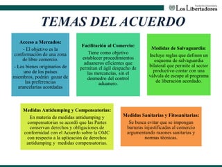 TEMAS DEL ACUERDO
Acceso a Mercados:
- El objetivo es la
conformación de una zona
de libre comercio.
- Los bienes originarios de
uno de los países
miembros, podrán gozar de
las preferencias
arancelarias acordadas
Facilitación al Comercio:
Tiene como objetivo
establecer procedimientos
aduaneros eficientes que
permitan el ágil despacho de
las mercancías, sin el
desmedro del control
aduanero.
Medidas de Salvaguardia:
Incluye reglas que definen un
esquema de salvaguardia
bilateral que permite al sector
productivo contar con una
válvula de escape al programa
de liberación acordado.
Medidas Antidumping y Compensatorias:
En materia de medidas antidumping y
compensatorias se acordó que las Partes
conservan derechos y obligaciones de
conformidad con el Acuerdo sobre la OMC
con respecto a la aplicación de derechos
antidumping y medidas compensatorias.
Medidas Sanitarias y Fitosanitarias:
Se busca evitar que se impongan
barreras injustificadas al comercio
argumentando razones sanitarias y
normas técnicas.
 