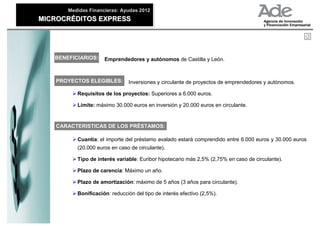 Medidas Financieras: Ayudas 2012
       Medidas Financieras: Ayudas 2012
MICROCRÉDITOS EXPRESS
MICROCRÉDITOS EXPRESS




   BENEFICIARIOS:    Emprendedores y autónomos de Castilla y León.

    PROYECTOS ELEGIBLES:
   PROYECTOS ELEGIBLES:        Inversiones y circulante de proyectos de emprendedores y autónomos.

          Requisitos de los proyectos: Superiores a 6.000 euros.

          Límite: máximo 30.000 euros en inversión y 20.000 euros en circulante.


   CARACTERISTICAS DE LOS PRÉSTAMOS:

          Cuantía: el importe del préstamo avalado estará comprendido entre 6.000 euros y 30.000 euros
          (20.000 euros en caso de circulante).

          Tipo de interés variable: Euribor hipotecario más 2,5% (2,75% en caso de circulante).

          Plazo de carencia: Máximo un año.

          Plazo de amortización: máximo de 5 años (3 años para circulante).

          Bonificación: reducción del tipo de interés efectivo (2,5%).
 