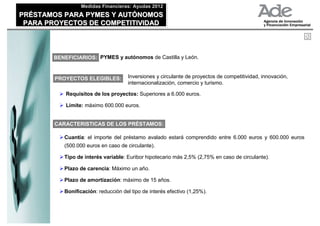 Medidas Financieras: Ayudas 2012
                  Medidas Financieras: Ayudas 2012
PRÉSTAMOS PARA PYMES Y AUTÓNOMOS
PRÉSTAMOS PARA PYMES Y AUTÓNOMOS
 PARA PROYECTOS DE COMPETITIVIDAD
 PARA PROYECTOS DE COMPETITIVIDAD



       BENEFICIARIOS: PYMES y autónomos de Castilla y León.


        PROYECTOS ELEGIBLES:          Inversiones y circulante de proyectos de competitividad, innovación,
                                      internacionalización, comercio y turismo.

           Requisitos de los proyectos: Superiores a 6.000 euros.

           Límite: máximo 600.000 euros.


        CARACTERISTICAS DE LOS PRÉSTAMOS:

           Cuantía: el importe del préstamo avalado estará comprendido entre 6.000 euros y 600.000 euros
           (500.000 euros en caso de circulante).

           Tipo de interés variable: Euribor hipotecario más 2,5% (2,75% en caso de circulante).

           Plazo de carencia: Máximo un año.

           Plazo de amortización: máximo de 15 años.

           Bonificación: reducción del tipo de interés efectivo (1,25%).
 