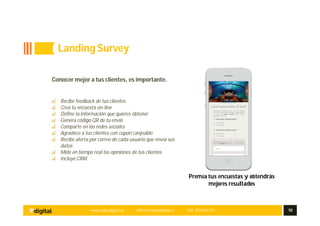 www.aplusdigital.es office@aplusdigital.es Telf. 902 044 627 10
Premia tus encuestas y obtendrás
mejores resultados
Conocer mejor a tus clientes, es importante.
Recibe feedback de tus clientes
Crea tu encuesta on-line
Define la información que quieres obtener
Genera código QR de tu envió
Comparte en las redes sociales
Agradece a tus clientes con cupón canjeable
Recibe alerta por correo de cada usuario que envía sus
datos
Mide en tiempo real las opiniones de tus clientes
Incluye CRM
Landing Survey
 