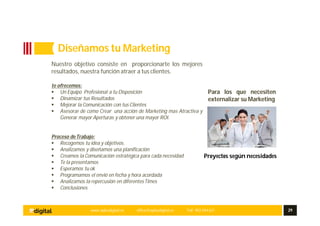 www.aplusdigital.es office@aplusdigital.es Telf. 902 044 627 29
Proyectos según necesidades
Diseñamos tu Marketing
Nuestro objetivo consiste en proporcionarte los mejores
resultados, nuestra función atraer a tus clientes.
te ofrecemos:
 Un Equipo Profesional a tu Disposición
 Dinamizar tus Resultados
 Mejorar la Comunicación con tus Clientes
 Asesorar de como Crear una acción de Marketing mas Atractiva y
Generar mayor Aperturas y obtener una mayor ROI.
Proceso deTrabajo:
 Recogemos tu idea y objetivos.
 Analizamos y diseñamos una planificación
 Creamos la Comunicación estratégica para cada necesidad
 Te la presentamos
 Esperamos tu ok
 Programamos el envió en fecha y hora acordada
 Analizamos la repercusión en diferentesTimes
 Conclusiones
Para los que necesiten
externalizar su Marketing
 