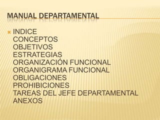 MANUAL DEPARTAMENTAL
   INDICE
    CONCEPTOS
    OBJETIVOS
    ESTRATEGIAS
    ORGANIZACIÓN FUNCIONAL
    ORGANIGRAMA FUNCIONAL
    OBLIGACIONES
    PROHIBICIONES
    TAREAS DEL JEFE DEPARTAMENTAL
    ANEXOS
 