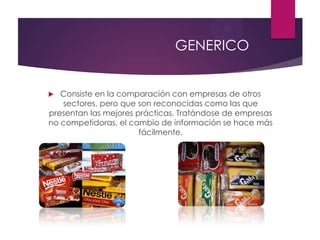 GENERICO
 Consiste en la comparación con empresas de otros
sectores, pero que son reconocidas como las que
presentan las mejores prácticas. Tratándose de empresas
no competidoras, el cambio de información se hace más
fácilmente.
 