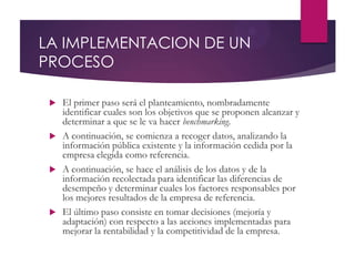LA IMPLEMENTACION DE UN
PROCESO
 El primer paso será el planteamiento, nombradamente
identificar cuales son los objetivos que se proponen alcanzar y
determinar a que se le va hacer benchmarking.
 A continuación, se comienza a recoger datos, analizando la
información pública existente y la información cedida por la
empresa elegida como referencia.
 A continuación, se hace el análisis de los datos y de la
información recolectada para identificar las diferencias de
desempeño y determinar cuales los factores responsables por
los mejores resultados de la empresa de referencia.
 El último paso consiste en tomar decisiones (mejoría y
adaptación) con respecto a las acciones implementadas para
mejorar la rentabilidad y la competitividad de la empresa.
 