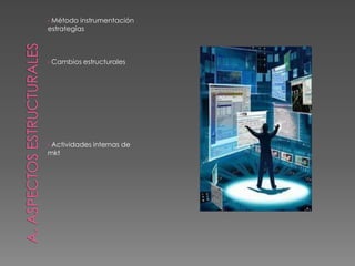 • Método instrumentación
estrategias
• Cambios estructurales
• Actividades internas de
mkt
 