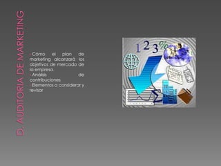 • Cómo el plan de
marketing alcanzará los
objetivos de mercado de
la empresa.
• Análisis de
contribuciones
• Elementos a considerar y
revisar
 