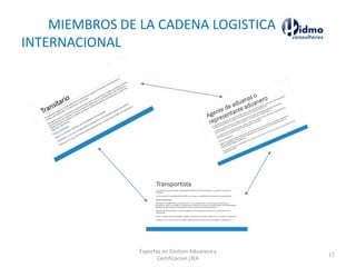 MIEMBROS DE LA CADENA LOGISTICA
INTERNACIONAL
Expertos en Gestion Aduanera y
Certificacion OEA
17
 
