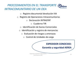 o Registro documental devolución IVA
o Registro de Operaciones Intracomunitarias
o Declaración INTRASTAT
o Cuaderno TIR
o Identificación de Socios Comerciales
o Identificación y registro de mercancías
o Evaluación de riesgos y amenazas
o Control de Unidades de carga
EXPEDIDOR CONOCIDO:
Garantía y seguridad AEREA
PROCEDIMIENTOS EN EL TRANSPORTE
INTRACOMUNITARIO DE UN OEA
Expertos en Gestion Aduanera y
Certificacion OEA
23
 