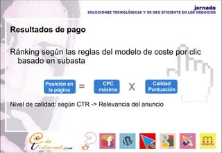 Resultados de pago Ránking según las reglas del modelo de coste por clic basado en subasta Nivel de calidad: según CTR -> Relevancia del anuncio 
