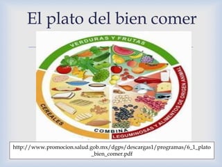 
El plato del bien comer
http://www.promocion.salud.gob.mx/dgps/descargas1/programas/6_1_plato
_bien_comer.pdf
 