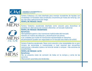 Cartera Colectiva a la vista diseñada para manejar excedentes de liquidez con
rentabilidad. El Portafolio está constituido únicamente por títulos de renta fija, con
las más altas calificaciones de riesgo.
PERFIL DE RIESGO: BAJO
Cartera Colectiva escalonada diseñada como solución para diversificar el
portafolio en alternativas de inversión diferentes al mercado tradicional.
PERFIL DE RIESGO: MODERADO
Beneficios:
•Rentabilidad superior a las inversiones tradicionales del mercado.
•Gestión en materia de selección y diversificación de activos.
•Las unidades que recibe el inversionista representadas en derechos
de participación pueden ser negociadas en el mercado secundario de la BVC.
Cartera Colectiva escalonada. Nace como solución a las necesidades de un gran
número de accionistas e inversionistas a nivel nacional que encuentran
restricciones y elevados costos a la hora de vender o comprar más acciones de
ECOPETROL.
PERFIL DE RIESGO: ALTO
Beneficios:
•No se presenta costo de comisión de bolsa en la compra y venta de las
acciones.
•Reinversión automática de dividendos

 