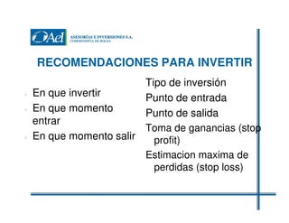 RECOMENDACIONES PARA INVERTIR
Tipo de inversión
En que invertir
Punto de entrada
En que momento
Punto de salida
entrar
Toma de ganancias (stop
En que momento salir
profit)
Estimacion maxima de
perdidas (stop loss)

 